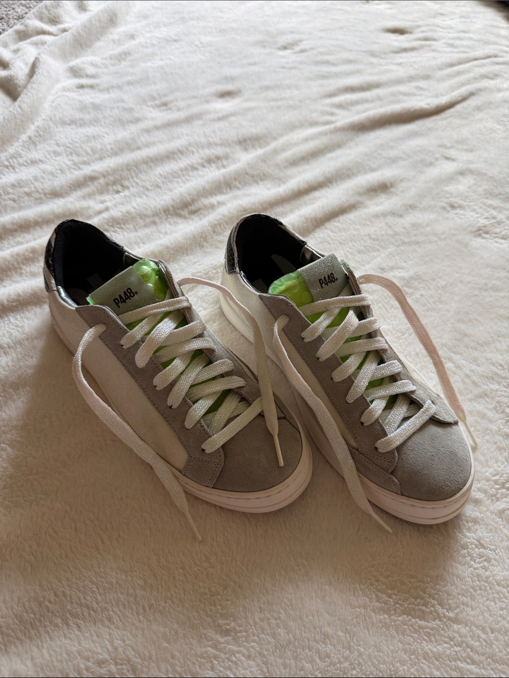 P448 Grey Suede Low-Top Sneakers with White Stripe and Lime Tongue
